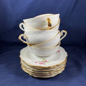 Vintage Gold-Trimmed Porcelain Tea Cups & Saucers Set Floral Rose Pattern 12 Pie